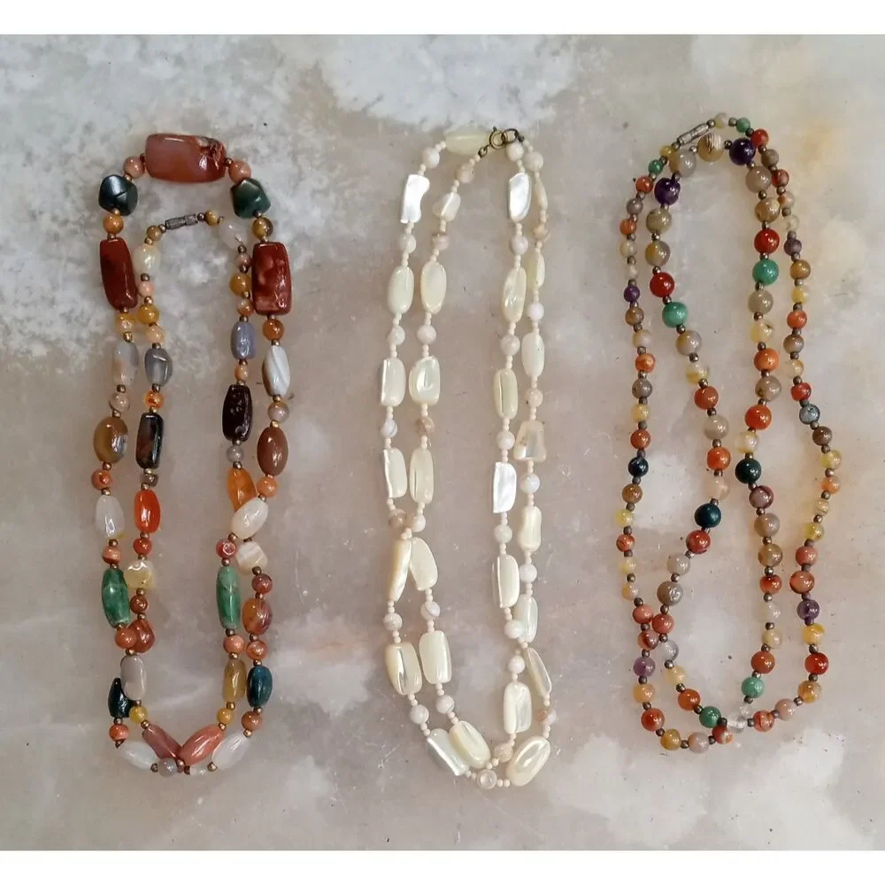 Beggar's Beads, Agates, Gemstones and Shiny Shell Extra Long Necklaces